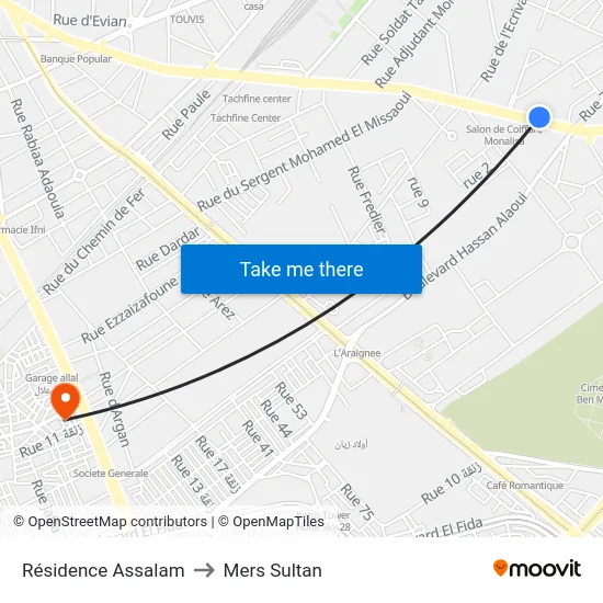 Résidence Assalam to Mers Sultan map