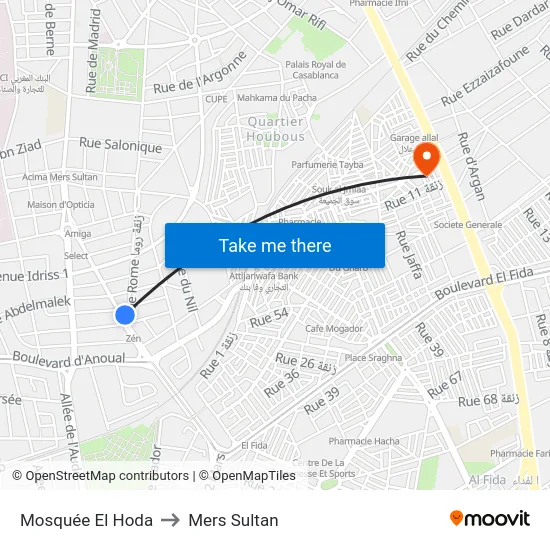 Mosquée El Hoda to Mers Sultan map