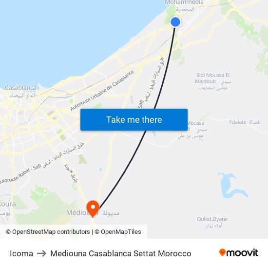 Icoma to Mediouna Casablanca Settat Morocco map