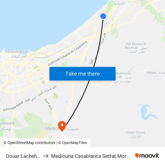 Douar Lachehab to Mediouna Casablanca Settat Morocco map