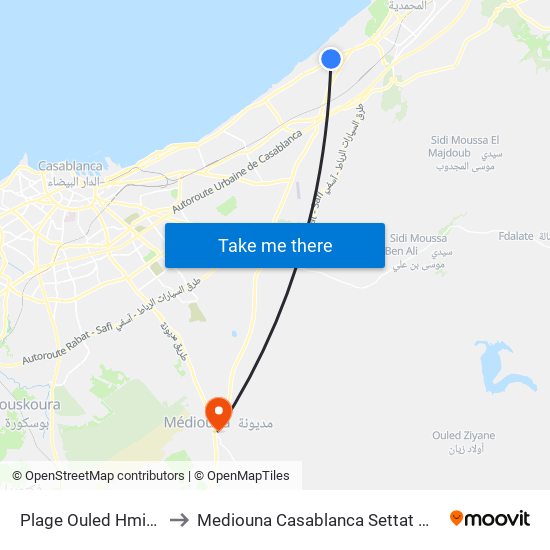 Plage Ouled Hmimoun to Mediouna Casablanca Settat Morocco map