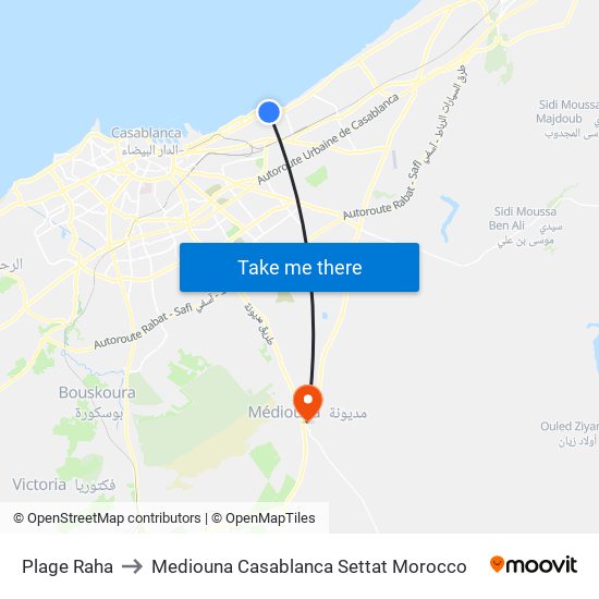 Plage Raha to Mediouna Casablanca Settat Morocco map