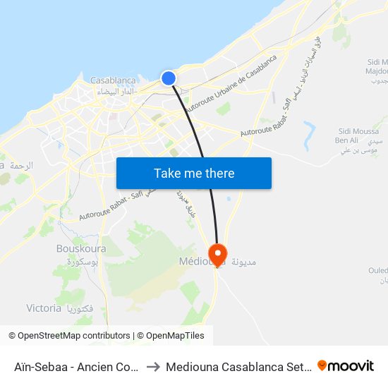 Aïn-Sebaa - Ancien Commissariat to Mediouna Casablanca Settat Morocco map