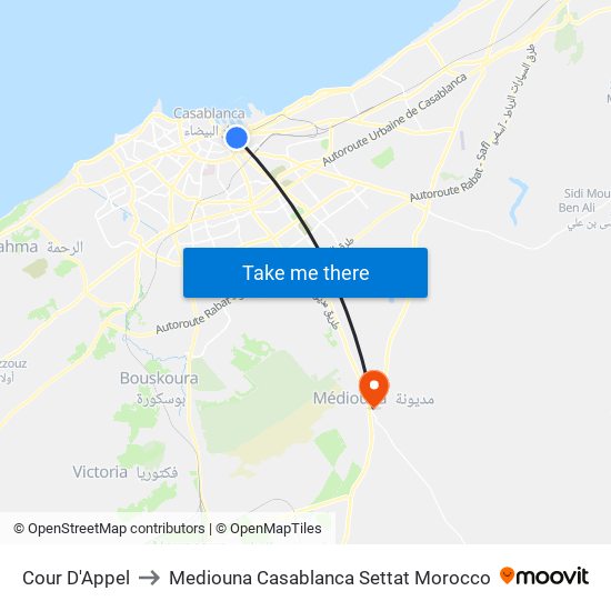 Cour D'Appel to Mediouna Casablanca Settat Morocco map
