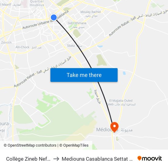 Collège Zineb Nefzawia to Mediouna Casablanca Settat Morocco map
