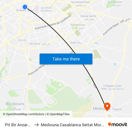 Ptt Bir Anzarane to Mediouna Casablanca Settat Morocco map