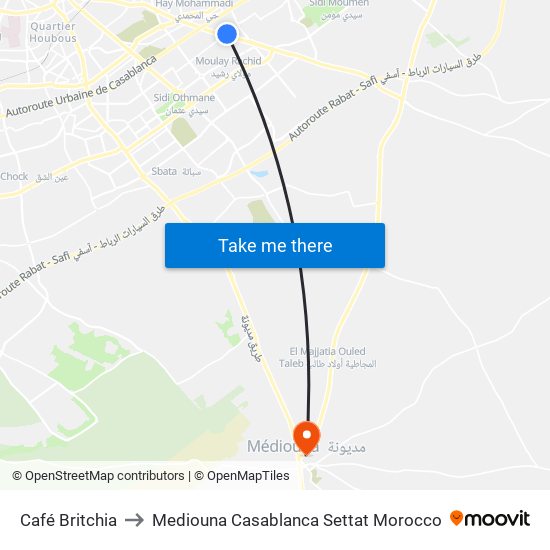 Café Britchia to Mediouna Casablanca Settat Morocco map