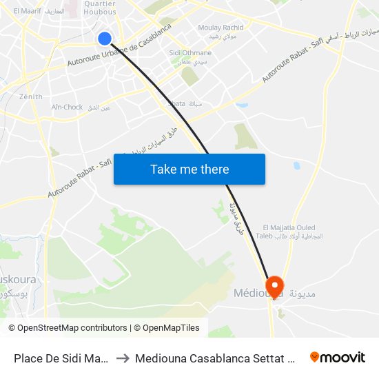 Place De Sidi Maârouf to Mediouna Casablanca Settat Morocco map