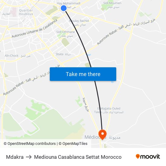 Mdakra to Mediouna Casablanca Settat Morocco map