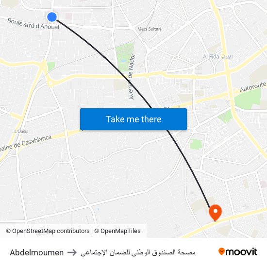 Abdelmoumen to مصحة الصندوق الوطني للضمان الإجتماعي map