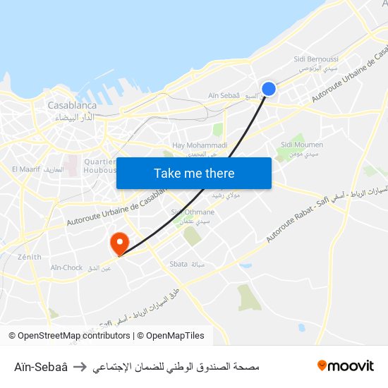 Aïn-Sebaâ to مصحة الصندوق الوطني للضمان الإجتماعي map