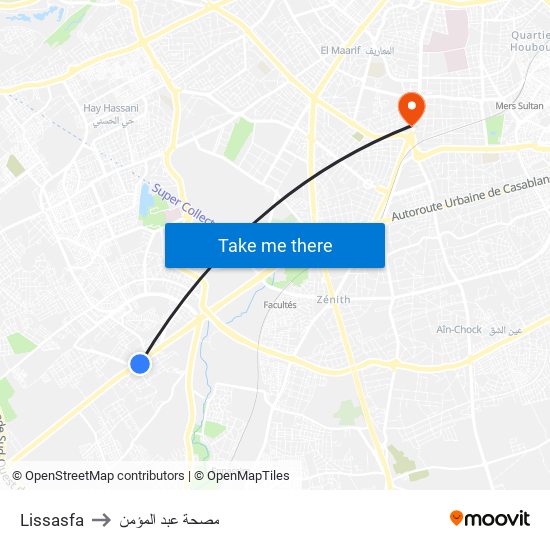 Lissasfa to مصحة عبد المؤمن map