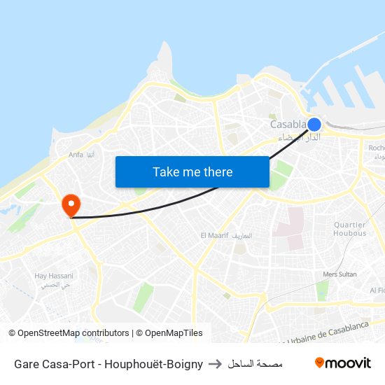 Gare Casa-Port - Houphouët-Boigny to مصحة الساحل map