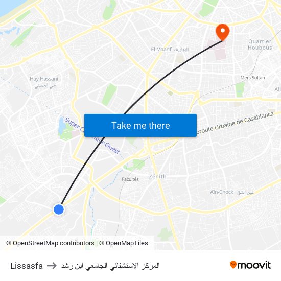 Lissasfa to المركز الاستشفائي الجامعي ابن رشد map