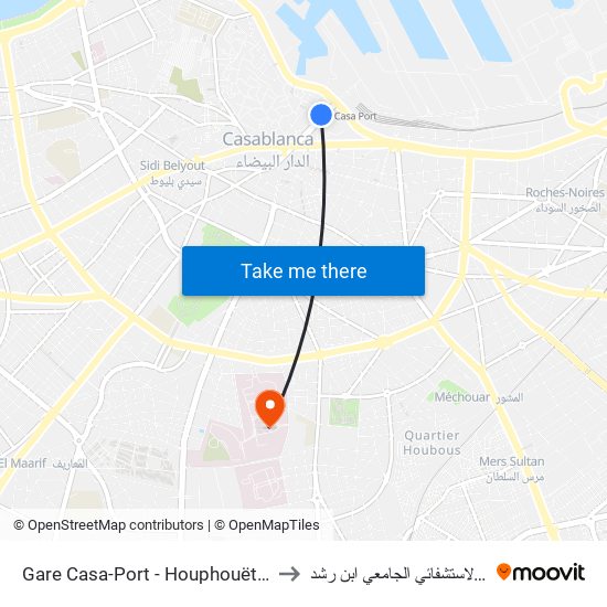 Gare Casa-Port - Houphouët-Boigny to المركز الاستشفائي الجامعي ابن رشد map