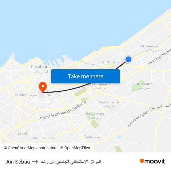 Aïn-Sebaâ to المركز الاستشفائي الجامعي ابن رشد map