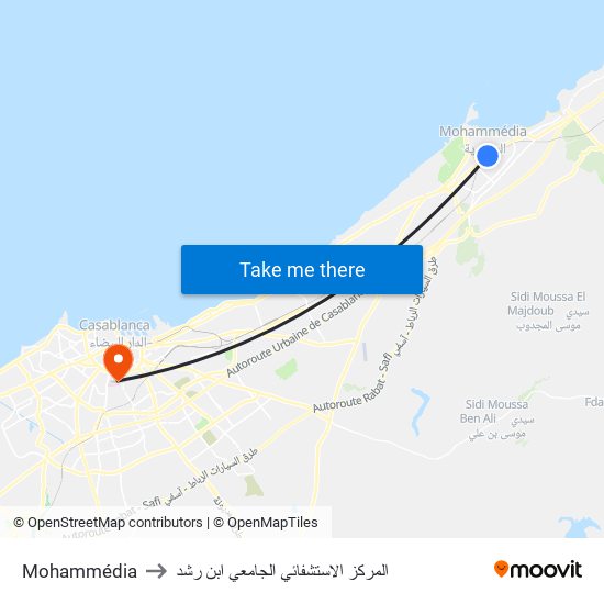 Mohammédia to المركز الاستشفائي الجامعي ابن رشد map