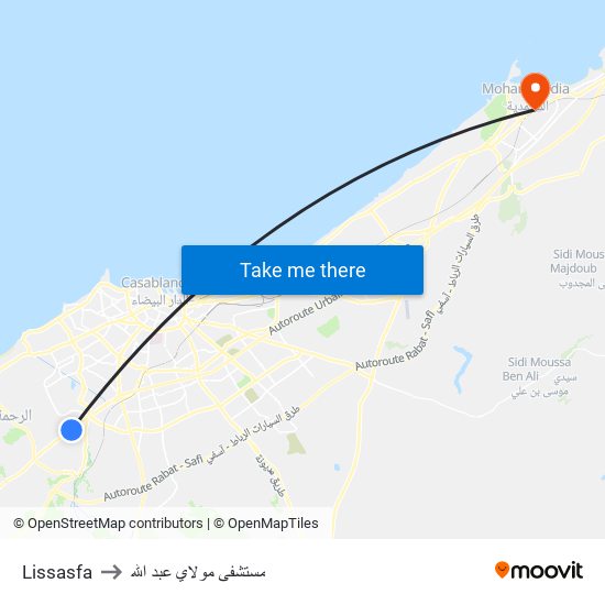 Lissasfa to مستشفى مولاي عبد الله map