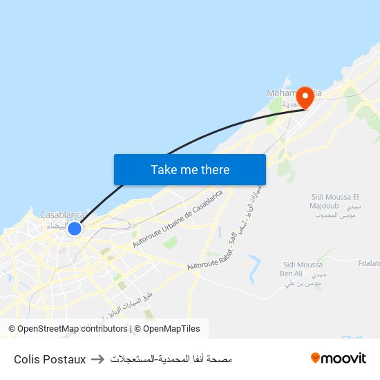 Colis Postaux to مصحة أنفا المحمدية-المستعجلات map