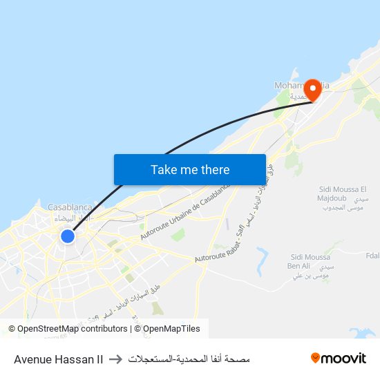 Avenue Hassan II to مصحة أنفا المحمدية-المستعجلات map