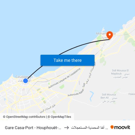 Gare Casa-Port - Houphouët-Boigny to مصحة أنفا المحمدية-المستعجلات map