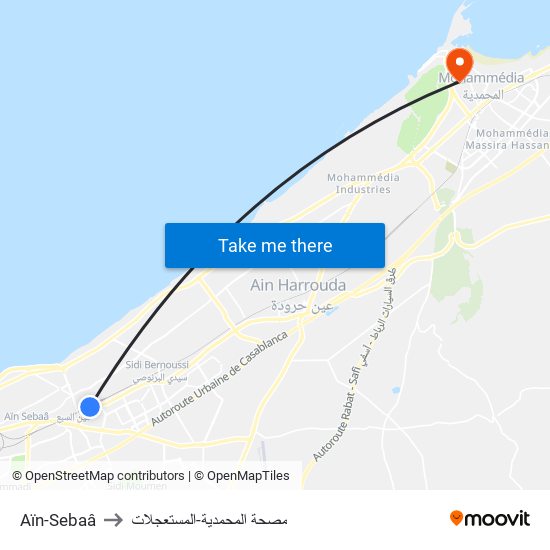 Aïn-Sebaâ to مصحة المحمدية-المستعجلات map