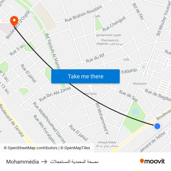 Mohammédia to مصحة المحمدية-المستعجلات map