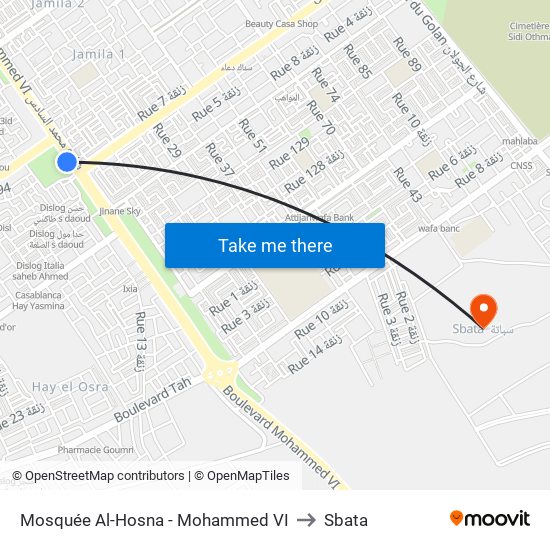 Mosquée Al-Hosna - Mohammed VI to Sbata map