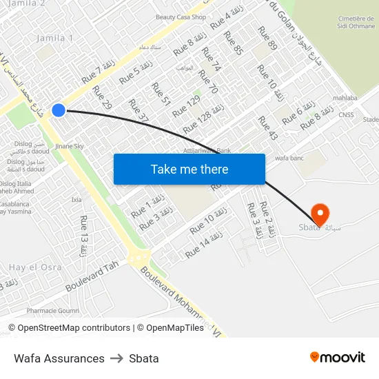 Wafa Assurances to Sbata map