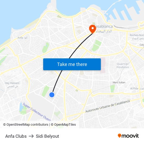 Anfa Clubs to Sidi Belyout map