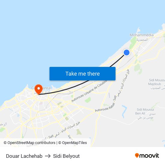 Douar Lachehab to Sidi Belyout map