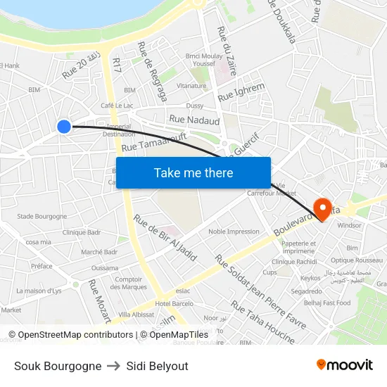 Souk Bourgogne to Sidi Belyout map