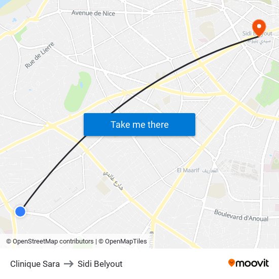 Clinique Sara to Sidi Belyout map