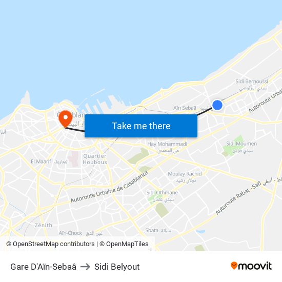 Gare D'Aïn-Sebaâ to Sidi Belyout map