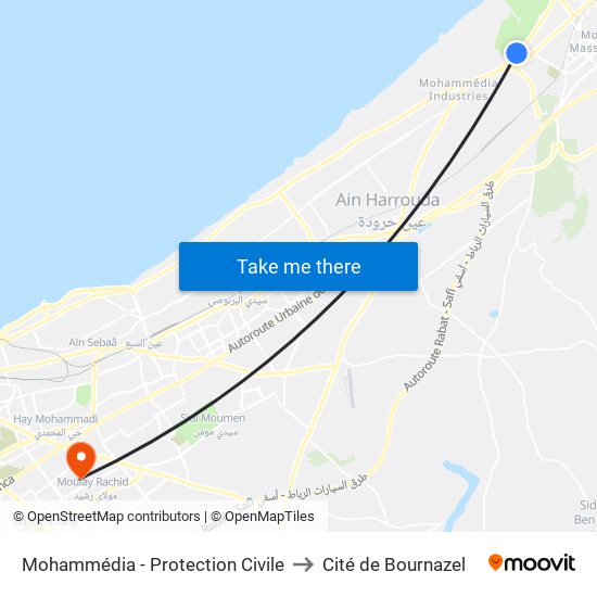 Mohammédia - Protection Civile to Cité de Bournazel map