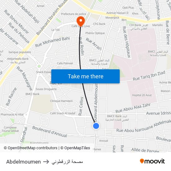 Abdelmoumen to مصحة الزرقطوني map