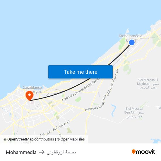 Mohammédia to مصحة الزرقطوني map