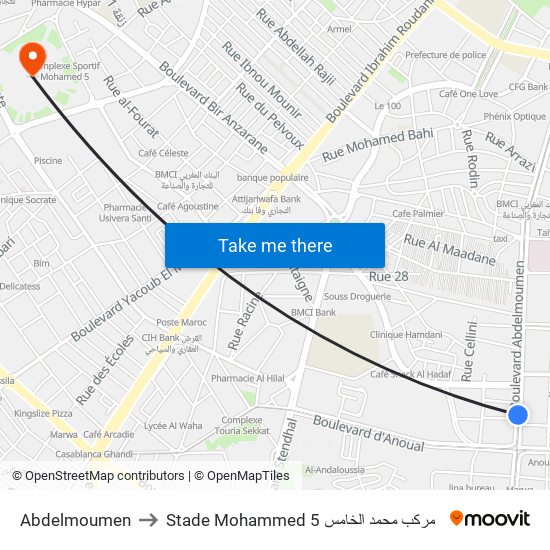 Abdelmoumen to Stade Mohammed 5 مركب محمد الخامس map