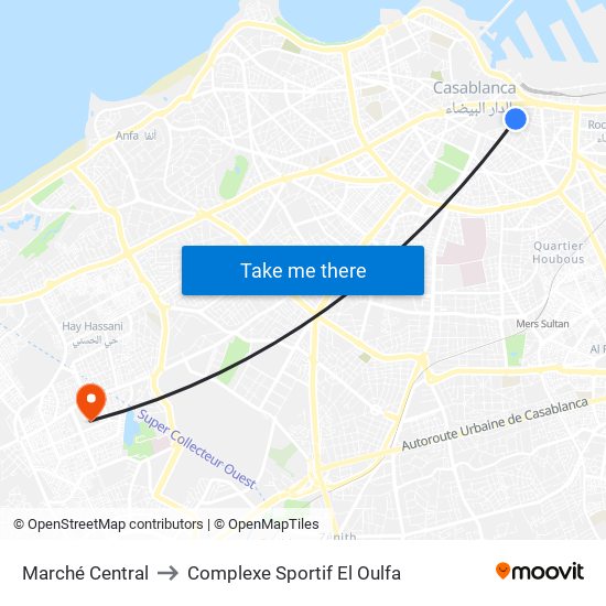 Marché Central to Complexe Sportif El Oulfa map