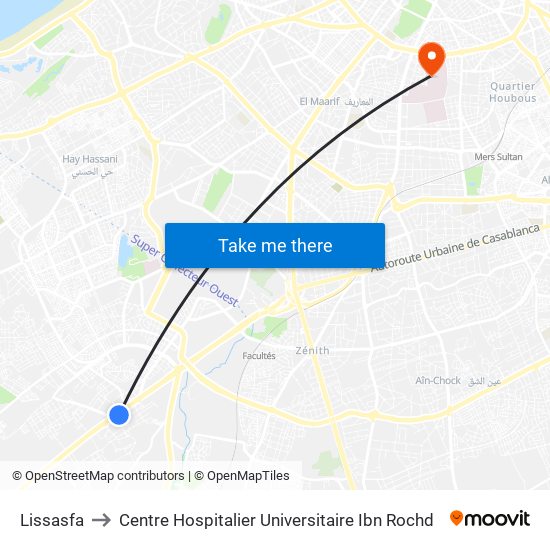 Lissasfa to Centre Hospitalier Universitaire Ibn Rochd map