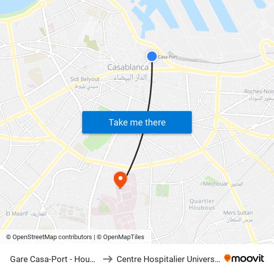Gare Casa-Port - Houphouët-Boigny to Centre Hospitalier Universitaire Ibn Rochd map