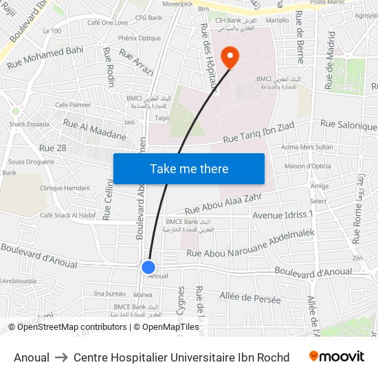 Anoual to Centre Hospitalier Universitaire Ibn Rochd map