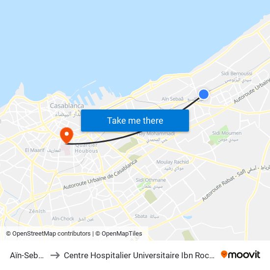 Aïn-Sebaâ to Centre Hospitalier Universitaire Ibn Rochd map