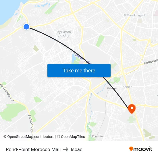 Rond-Point Morocco Mall to Iscae map