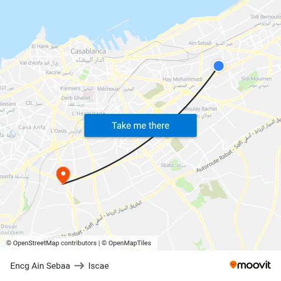 ENCG Ain Sebaa to ISCAE map