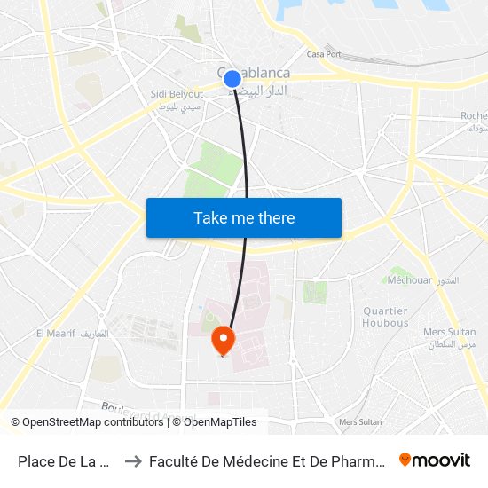 Place De La Concorde to Faculté De Médecine Et De Pharmacie De Casablanca map