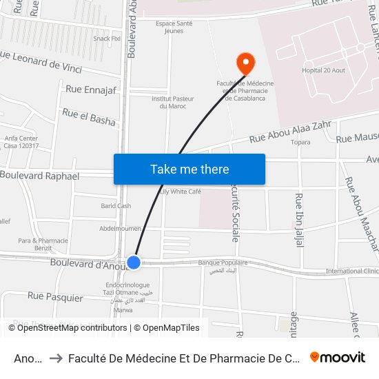 Anoual to Faculté De Médecine Et De Pharmacie De Casablanca map