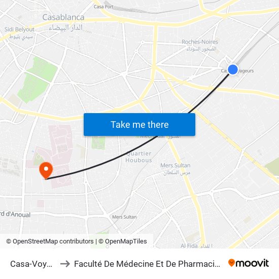 Casa-Voyageurs to Faculté De Médecine Et De Pharmacie De Casablanca map