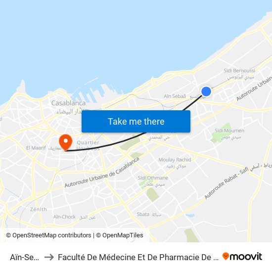 Aïn-Sebaâ to Faculté De Médecine Et De Pharmacie De Casablanca map