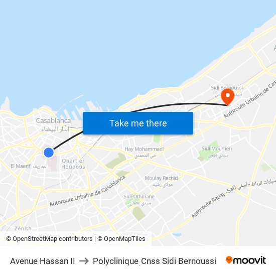Avenue Hassan II to Polyclinique ِCnss Sidi Bernoussi map